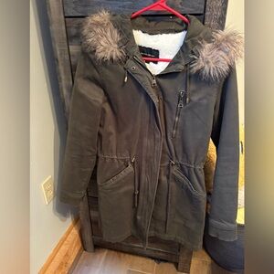 Banana Republic Olive Utility Jacket with Fur Trim